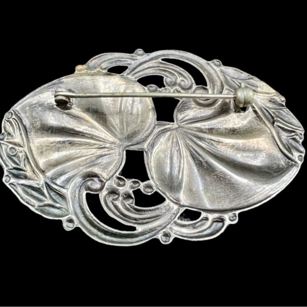 Vintage Art Nouveau Lily Pad Brooch Pin Sterling Silver Tested Large - Picture 2 of 6